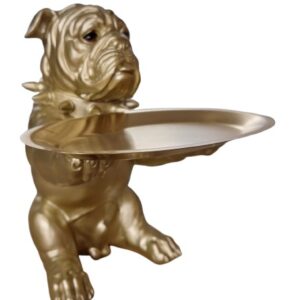 Engelse bulldog zittend met dienblad goudkleurig