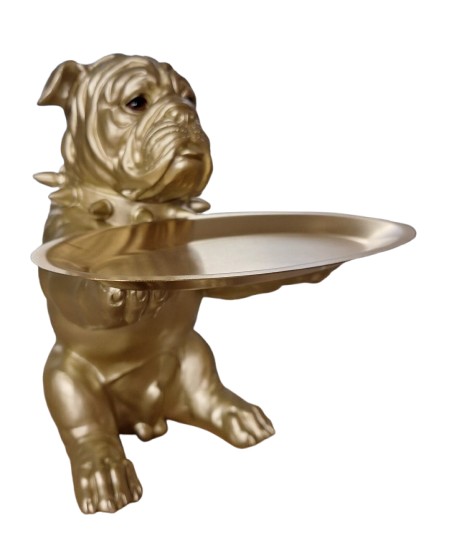 Engelse bulldog zittend met dienblad goudkleurig